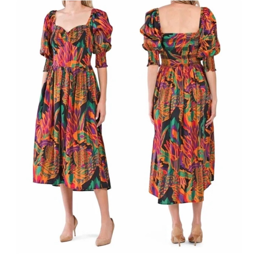 HOUSE OF HARLOW 1960 Nicole Richie Meadow Pink Print Puff Sleeve Midi Dress, M